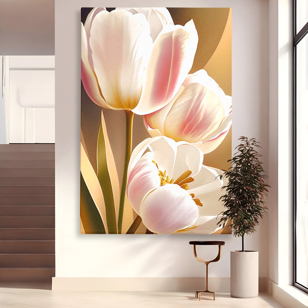 Tablou canvas cu tablou canvas cu trei lalele, fara rama, pe sasiu de lemn